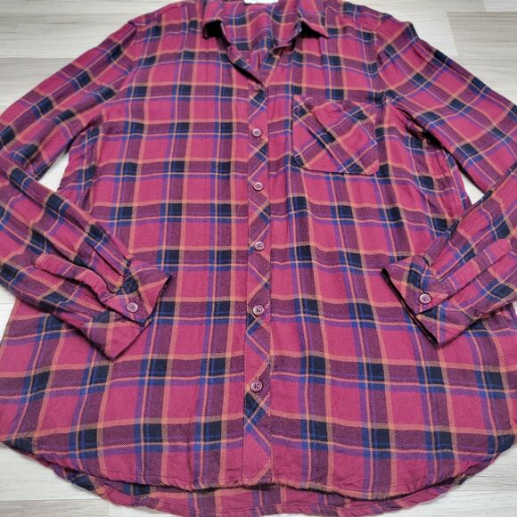 BEACHLUNCHLOUNGE Womens Maroon Blue Orange Plaid Button Front Longsleeve Shirt M - Picture 2 of 6